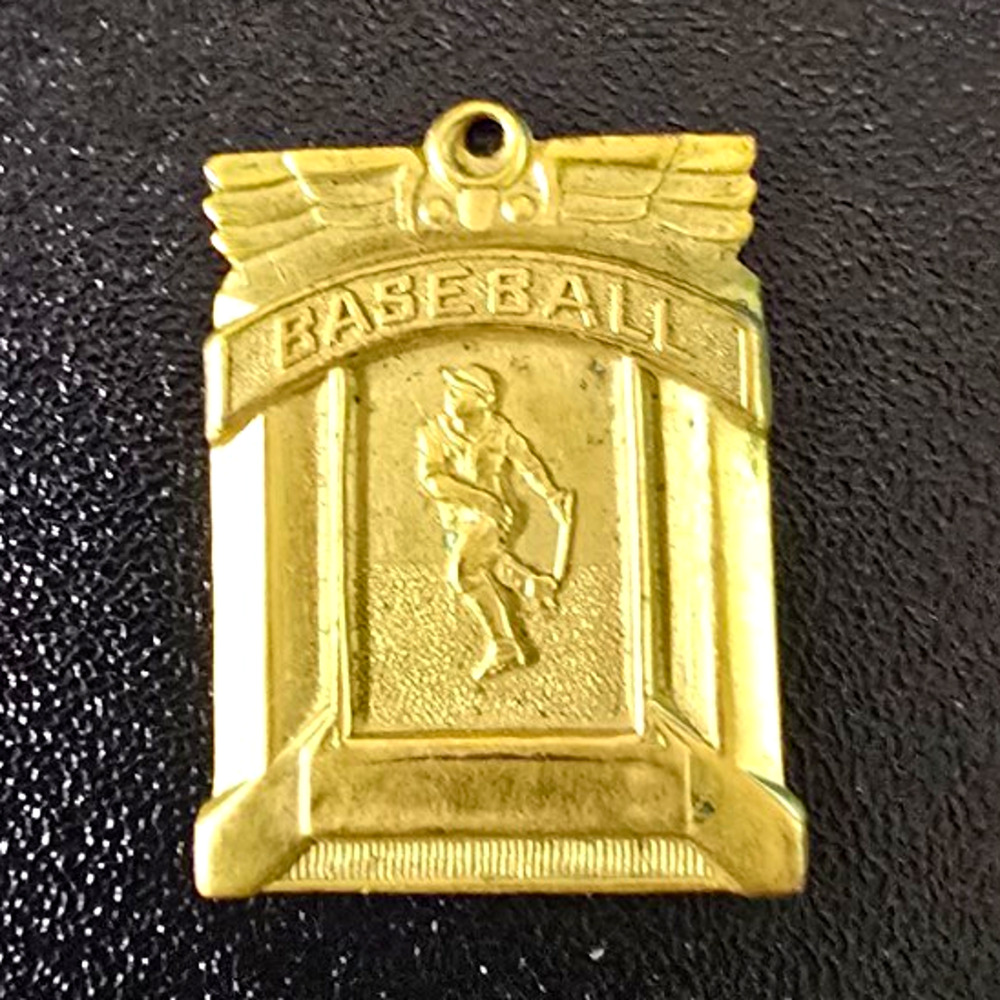 Vintage 1960 Baseball Award Medal Fob Charm Brass SH Initials Mid Century Sport